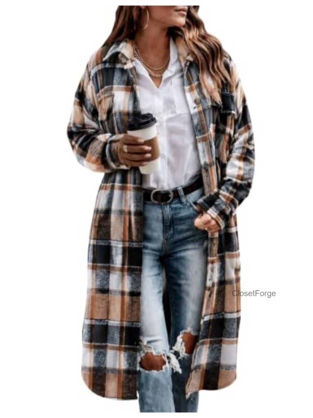 Oversized Plaid Shacket Long Flannel Shirt Jacket Button Down